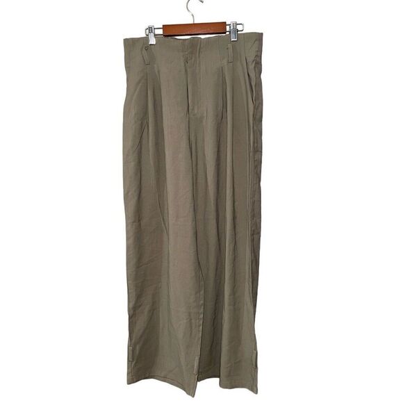 AARON & AMBER Pleated Flowy Wide Leg Pants Large High Rise Paperbag Green Tan - Picture 1 of 8